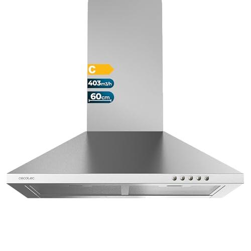 Cecotec Cappa aspirante 60 cm Flux PM 604300 Inox C Forma a Piramide, Finitura Inox, Potenza di aspirazione 403m3/h, Motore 105W, Classe C, Controllo meccanico, 3 Livelli di Potenza