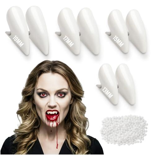 FESTICY Set 4 Paia Denti Vampiro Riutilizzabili (13mm, 15mm, 17mm, 19mm) con Colla Inclusa I Denti Finti Professionali per Costume Vampiro Bambino e Adulto I Perfetti per Halloween e Feste in Maschera