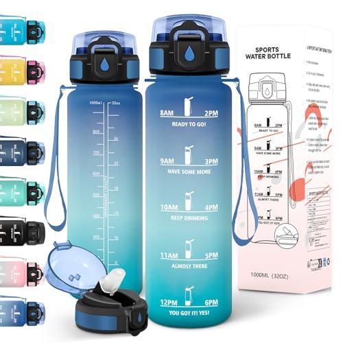Motswedi Borraccia 1 litro, a Prova di Perdite, Borraccia Palestra, senza BPA, Borracce con Cannuccia, Con 2 Tappi, Bottiglia Acqua, Borracce 1 litro, Per Scuola, Ufficio, Sport, Blu Verde