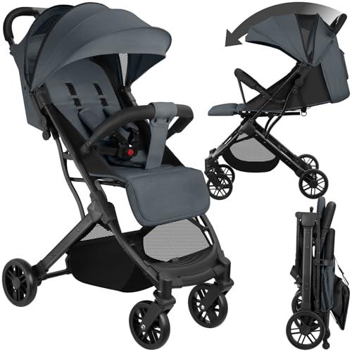 tectake® Passeggino Pieghevole, Passeggino Leggero con Cintura a 5 Punti Regolabile, Freno Pedale, Tettuccio Pieghevole con Finestra, Protezione Raggi UV, Passeggino Bambini da 0 a 3 Anni - Antracite