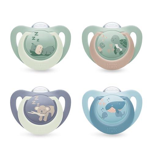 NUK First Choice Day & Night Ciuccio per Bambini | 18-36 Mesi | Ciuccio Ortodontici che si Illuminano al Buio | Calma il 99% dei bambini** | Assortiti | Confezione da 4