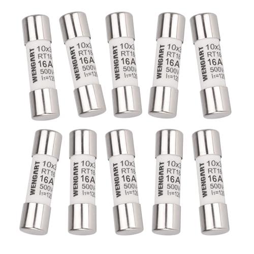 Wengart Inserto fusibile a cilindro AC RT18-32 (RO15), 10 pezzi, 10 x 38 mm, AC500V, 16A 120 kA, forte capacità di commutazione, può proteggere in modo affidabile il circuito