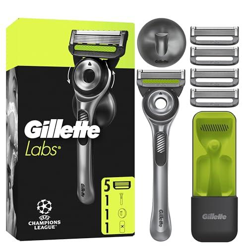 Gillette Labs Rasoio A Mano Libera Con Barra Esfoliante e Lamette di Ricambio, 1 Manico + 5 Lamette Gillette Labs Di Ricambio, Include Gancio Da Parete e Custodia Da Viaggio
