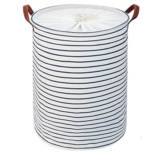 DOKEHOM 20-Inches Ispessimento Raggruppabili Round Stoccaggio Paniere, Cotone (Strisce Blu, L)