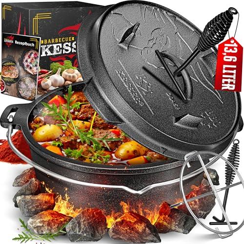 KESSER® Set forno olandese, Casseruola per barbecue, pentola in ghisa con manico per sollevare il coperchio e fessura per termometro, per barbecue, pentola per gulasch, uso esterno e interno