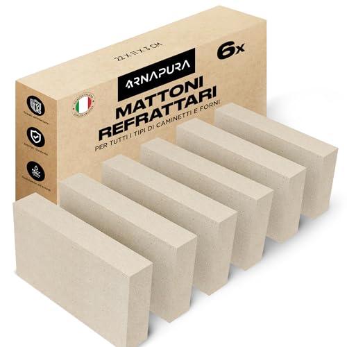 ARNAPURA Pack 6 Mattoni Refrattari 22 x 11 x 3 cm | Realizzati in Argilla Refrattaria | Mattoni Refrattari per Forno a Legna Perfetti per Camini, Forni e Barbecue