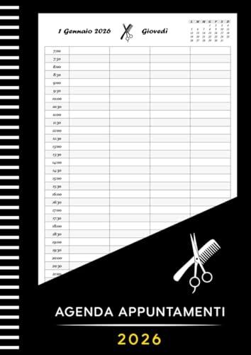 Agenda 2026 Appuntamenti: Parrucchieri 2026 giornaliera, un giorno per pagina, 12 mesi, da gennaio a dicembre 2026, Intervalli di 30 minuti, A4