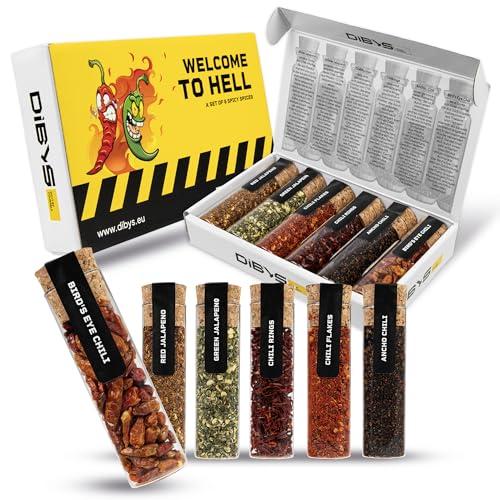 DIBYS Set Regalo Peperoncino Piccante | 6 Spezie Piccanti | Set di Spezie al Peperoncino con Scaglie, Peperoncino Ancho, Peperoncino Bird's Eye e Altro Ancora | Regali per Gli Appassionati di Cucina