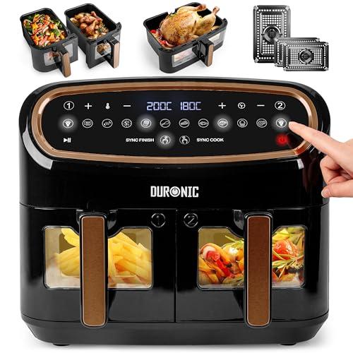 Duronic AF34 BG Friggitrice ad Aria extra grande, Air Fryer 2400W, 2 cestelli da 5L e 1 Cestello da 10L, Senza olio 10in1, Friggitrice ad aria calda con finestra di controllo