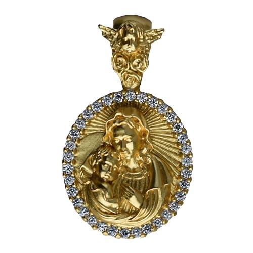 Ciondolo Madonna con Bambino Gesù in Argento 925 con zirconi Bianchi e placcatura in Oro Giallo 23 carati