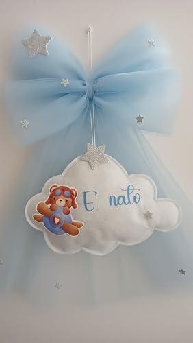 Fiocco nascita bimbo in tulle celeste con nome personalizzato, nuvola in pannolenci.