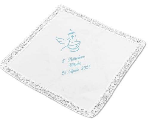 Fazzoletto Battesimo bimbo bimba personalizzato con ricamo nome e data 100% cotone Made in Italy (senza fiocco, azzurro)