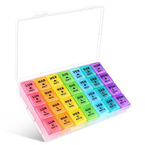 Opret Portapillole Settimanale ITALIANO 7 Giorni Pill Box Giornaliero 28 Scomparti Grande Stampa per Gli Anziani Viaggio Uso domestico
