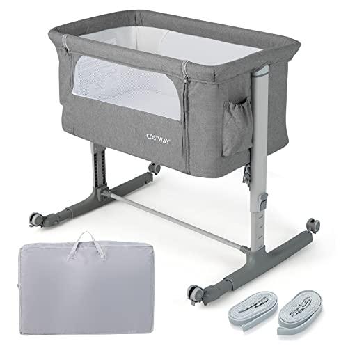COSTWAY Culla Neonato Fianco Letto 3 in 1, Lettino Dondolo Neonati con Materasso, Culla da Campeggio con Ruote e Borsa, Regolabile In Altezza, Inclinazione di 10°, per Bambini 0-6 Mesi (Grigio)