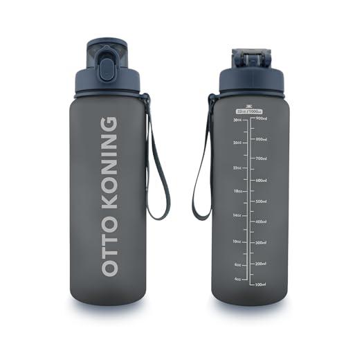 Otto Koning Borraccia 1 Litro Palestra Borracce Fitness Antigoccia, Bottiglia Acqua BPA Free con Apertura Un Pulsante, Spazzola Pulizia Inclusa - Per Scuola, Ufficio, Sport