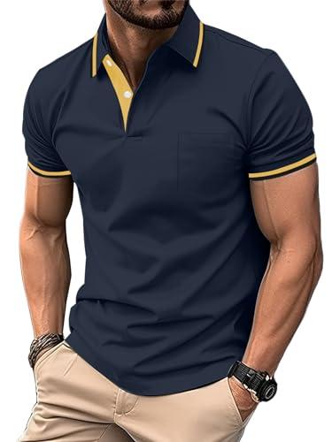 zitysport Polo Uomo Camicia a Maniche Corte Camicia da Golf Traspirante Uomo Camicie estive Sport Basic Slim Fit Tshirt con Tasca sul Petto Polo Shirt(Blu Navy 2XL)