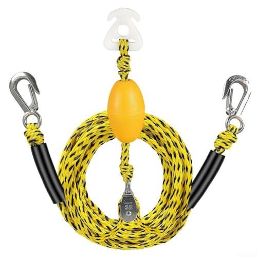 Corda di traino per barca resistente, per tubi, 5,1 m, con puleggia rotante a 360° e galleggiante, connettore rimorchiabile a forma di Y per wakeboard per tubo gonfiabile per barca (giallo nero)