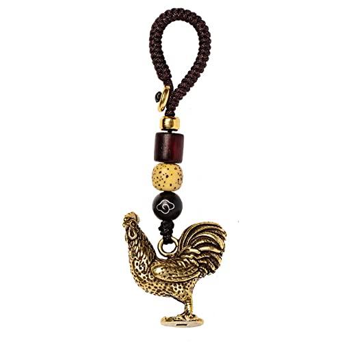 EFARMA Portachiavi Feng Shui, Gallo in Ottone, Portachiavi, Ciondolo Fortunato + amuleto Decorativo in Corda Bodhi Intrecciata a Mano, Ottone, 1