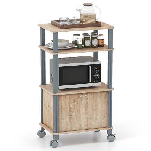 COSTWAY Scaffale da Cucina per Microonde Carrello da Cucina, con Ruote e 2 Ante, Multifunzionale e Movimento Flessibile, 60x40x98 cm (Naturale)