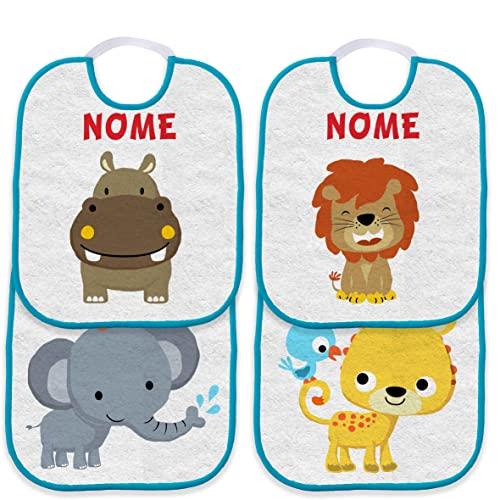 Set Asilo 4 Bavetta Bavaglino con elastico personalizzato con nome del bambino (Animali foresta Ippopotamo leone Elefante bordo azzurro)
