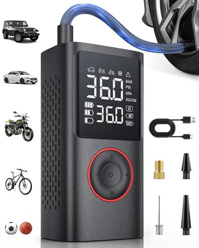 Powools Compressore Aria Portatile Auto – Mini Pompa Elettrica per Bicicletta, Gonfiatore Wireless con Manometro Digitale, Spegnimento Automatico e Luce LED