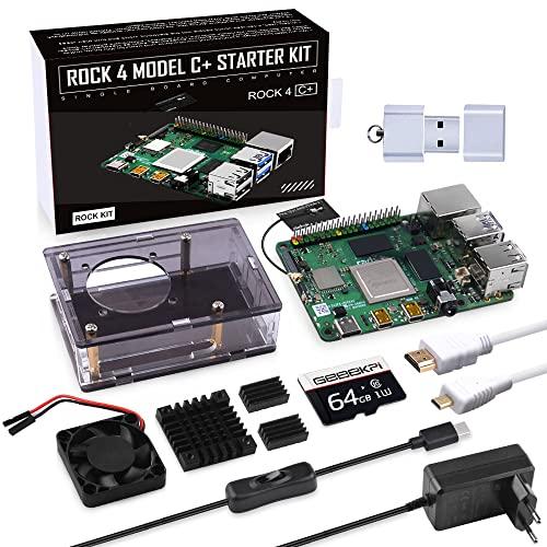 GeeekPi Rock 4C+ Starter Kit - 4GB 64-bit RAM and eMMC Socket, Rock 4C+ Case with 4010 Fan, Rock 4C+ 18W 5V 3.6A Power Supply with ON/Off Switch, HDMI Cables, 64GB Card for Rock 4C+
