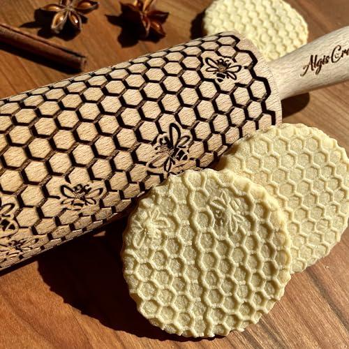 Mattarello Decorativo per Biscotti ALVEARE | Mattarello Inciso | Rullo per Biscotti e per Modellare | Mattarello Legno Goffrato di Algis Crafts