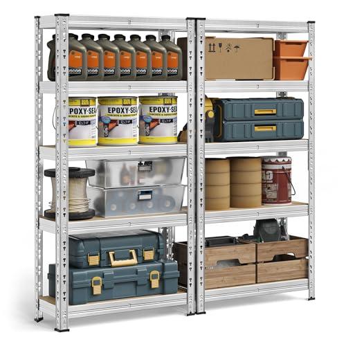 SONGMICS Set di 2 Scaffali per Carichi Pesanti, Portaoggetti da Cantina, 30 x 75 x 150 cm, Portata fino a 875 kg, Montaggio Facile, Scaffalatura da Magazzino, Ripiani Regolabili, Argento GLR451E01