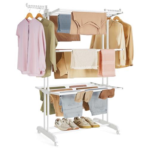 SONGMICS Stendibiancheria, Stendino Pieghevole a 4 Livelli, con Ruote e Ali Richiudibili, 63,5 x 128 x 173 cm, Capiente, Uso Interno ed Esterno, Bianco Nuvola LLR701W03