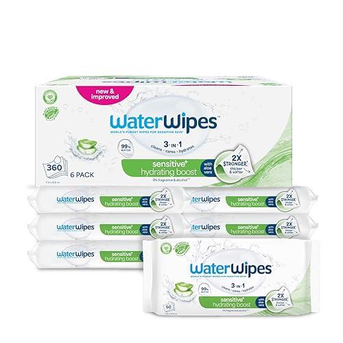 WaterWipes Sensitive+ Hydrating Boost Wipes, Salviettine Idratanti, 360 Pezzi (6 Confezioni), 99% Acqua con Aloe Vera, Deterge, Cura, Idrata, Senza Profumo, la confezione può variare
