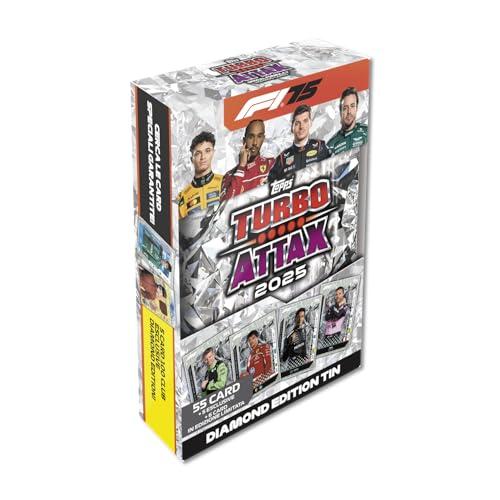 Topps Turbo Attax Formula 1 2025 - Mega Tin Diamond Edition – contiene 66 carte incluse 6 Edizioni Limitate e 5 carte esclusive. Carte Legend Relic nelle tin fortunate.