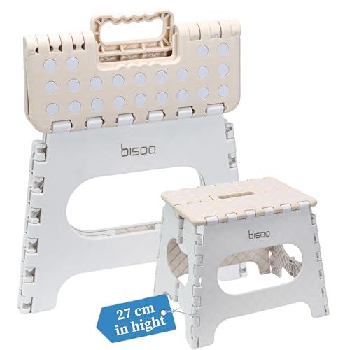 BISOO Sgabello Pieghevole - Sgabello Bambini per Bagno e Cucina - Sgabello Portatile in Plastica - Sgabelli Pieghevoli con Colori Carini e Resistenti Fino a 150kg - Altezza 27 cm Panna