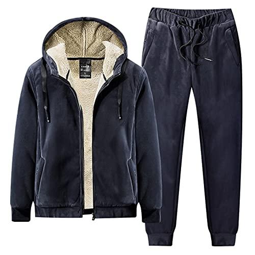 amropi Tuta da Uomo Vello Foderato Cappotto con Cappuccio e Pantaloni Inverno Caldo Jogging Tute Marina,XXL