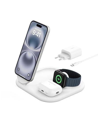 Belkin BoostCharge Caricabatteria magnetico pieghevole 3 in 1 con Qi2 da 15 W, Caricatore rapido compatibile con MagSafe, Apple iPhone 17, Air, Pixelsnap, Apple Watch ed AirPods, alimentatore - Bianco