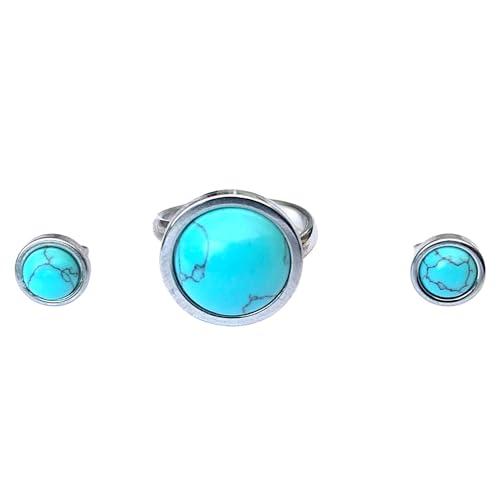 Set di Anelli e Orecchini da Donna con Pietre Naturali - Anello Regolabile e Orecchini in Acciaio Inossidabile - Amuleto di Protezione - Perfetto come Regalo (Turchese)