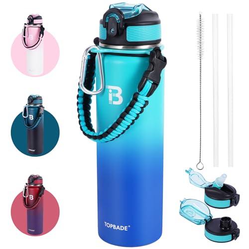 TOPBADE 1000 ml Borraccia Termica con 2 Coperchi (Cannuccia & no Cannuccia), 1L Bottiglia Termica con Manico Paracord Senza BPA/Senza Perdite Borracce Acciaio Inox per Scuola, Sport, Palestra