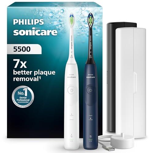 Philips Sonicare 5500, spazzolino elettrico sonico con 2 modalità, avviso di pressione, EasyStart, Smartimer e BrushPacer, bianco e blu navy, confezione da 2, modello HX7119/01 [Nuova tecnologia]