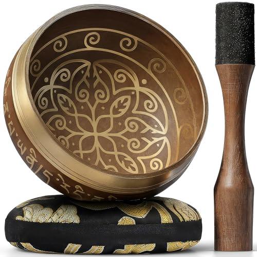 Pregiate Ciotole Tibetane Incise a Mano – Campana Sonora & Ciotola da Meditazione con Cuscino – Strumenti Antistress – Decorazioni Spirituali per Spazi Benessere – Accessori di Rilassamento Yoga