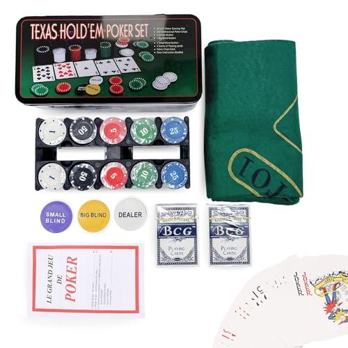 MAGIC SELECT Gioco di Poker. Set da Poker Texas Hold Em. Kit Gioco del Poker con 200 Fiches, 2 Set di Carte, Bottone Dealer, Small-Big Blind, Tappetino, Scatola di Metallo, Manuale delle Regole in PDF