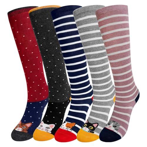 ZFSOCK Calzini Ginocchio Bambina Ragazze: Calze Lunghi Senza Cuciture in Cotone per Bimba - Calzettoni Gambaletto Invernali Righe Colorati Animali Cartoon Compleanno Regalo Natale Taglia 35-38 Gatto