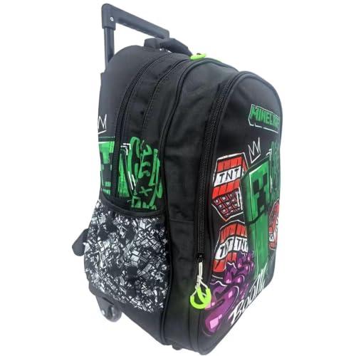 Zaino Trolley Scuola Compatibile con Minecraft TnT cm, Zaino con Ruote per Bambini, 3 Scomparti, Manico Telescopico, Spallacci Imbottiti, Tasche Laterali, Elementari e Medie