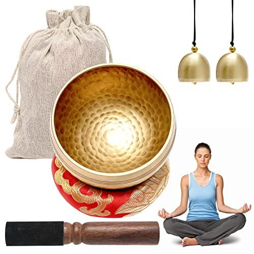 Campana Tibetana, 6 Pizze Set con Campana Tibetana con Battente a Doppia Superficie e Cuscino di Seta, 2 Campane Viene fornito Sacchetto per Yoga, Meditazione e Relax