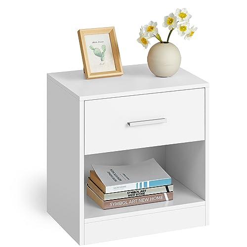 VASAGLE Comodino, Tavolino con Cassetto, Maniglia, Scomparto Aperto, per Camera da Letto, Soggiorno, Bianco Classico LET619T14