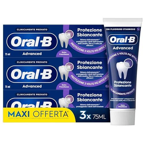 Oral-B Dentifricio Advanced Protezione Sbiancante 3x75ml, Oral B Dentifricio Sbiancante Denti, Clinicamente Provato, Pulizia Denti Efficace, Alito Fresco Sapore Menta Piperita