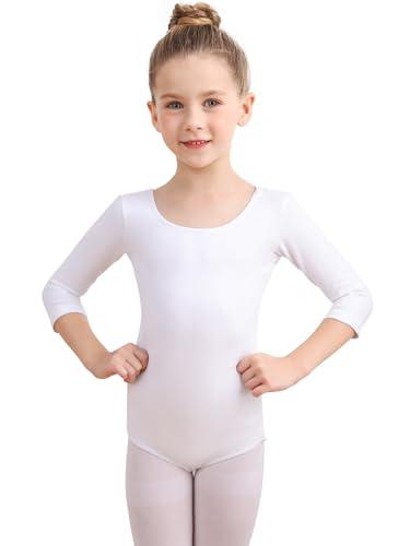 Soudittur Body Danza Classica per Bambine e Donne Cotone Body Ginnastica Artistica Costumi per Balletto Body 3/4 Maniche Lunghe (140, Bianco)