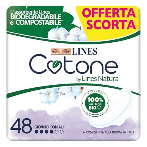 Lines Cotone by Lines Natura con Ali, 48 assorbenti in cotone per il giorno, Biodegradabile e Compostabile. Filtrante 100% cotone Bio delicato sulla pelle, pacco scorta.