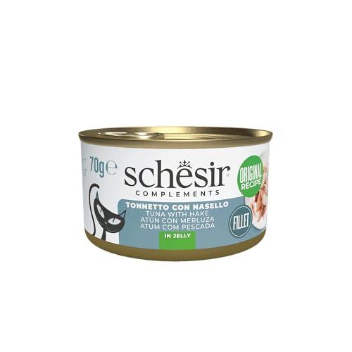 Schesir Tuna Fillets with Hake in Jelly, Complementary Wet Food for Cats, Original Recipe, 100% Natural, 70g