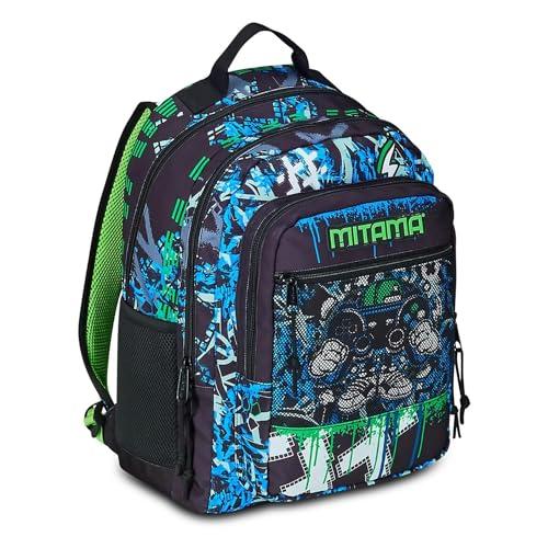 Mitama Zaino Triplo Scomparto Punch Game con Tasca frontale, Blu e Verde, Scuola Elementare e Tempo Libero, Bambino Ragazzo