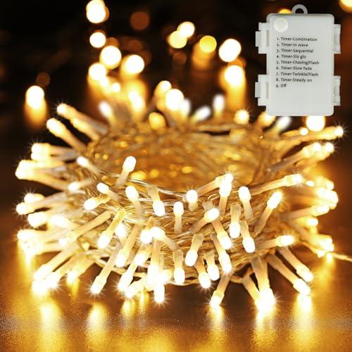 BrizLabs Luci Natalizie da Esterno, 20m 200 LED Catena Luminosa Interno a Batteria 8 Modalità Impermeabile con Timer Stringa Luci Natale Decorazioni per Casa Giardino Matrimonio Festa, Bianco Caldo