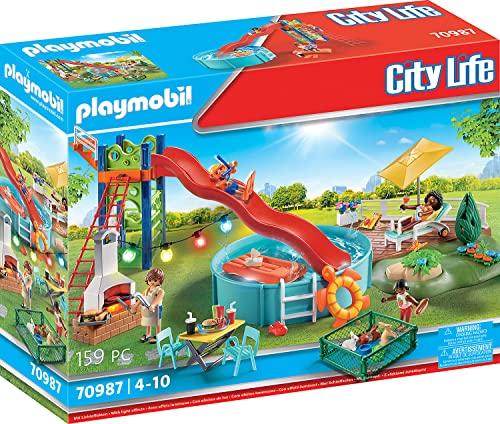 PLAYMOBIL City Life 70987 Festa in Piscina con Scivolo, Con Effetto Luce, Giocattoli per Bambini dai 4 Anni